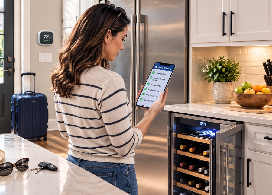 Homeowner completing a home preparation checklist on a smartphone while checking a wine cooler and smart thermostat before leaving for a weekend casino getaway from Atlanta.
