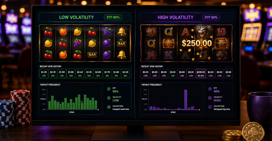 Split-screen casino game interface comparing low and high volatility slots with the same 96% RTP, showing frequent small wins versus infrequent larger payouts.