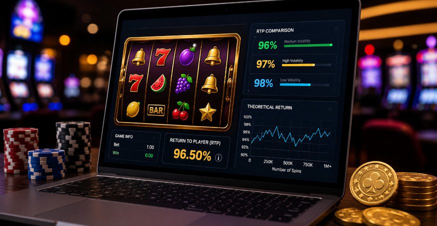 Online casino laptop screen displaying RTP percentages and slot game statistics, illustrating how return to player is calculated.